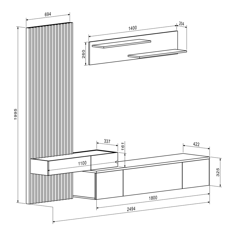 Σύνθετο Σαλονιού Litende Pakoworld Μαύρο-Sonoma Μελαμίνης 249.5X42X199.5Εκ Σύνθετο Σαλονιού Litende Pakoworld Μαύρο-Sonoma Μελαμίνης 249.5X42X199.5Εκ