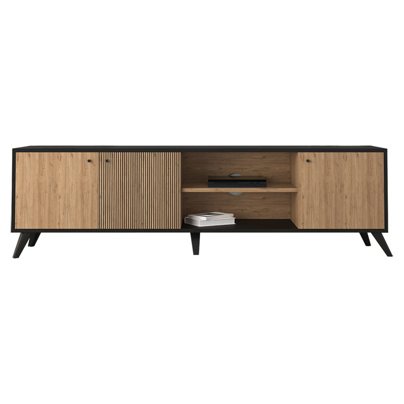 Έπιπλο Τηλεόρασης Flipter Pakoworld Μελαμίνης Sonoma-Μαύρο 180X40X51Εκ Έπιπλο Τηλεόρασης Flipter Pakoworld Μελαμίνης Sonoma-Μαύρο 180X40X51Εκ