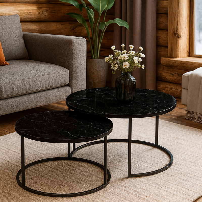 Τραπέζια Σαλονιού Solme Pakoworld 2Τεμ Μαύρο Εφε Μαρμάρου Με Μαύρα Μεταλλικά Πόδια