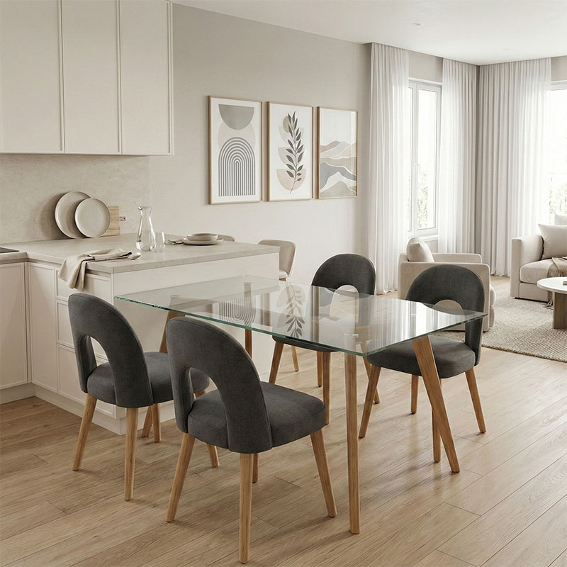 Τραπεζαρία Με Καρέκλες Jonah Ανθρακί Και Τραπέζι Titta Γυαλί 120X70X75Εκ Σετ 5Τεμ