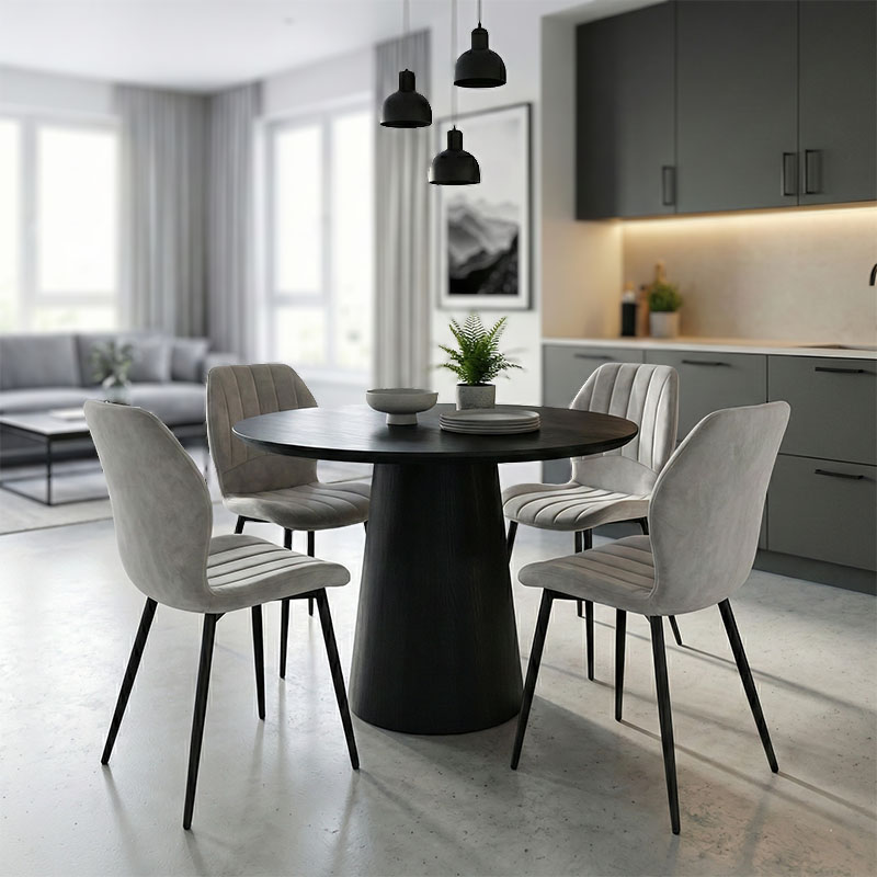 Τραπεζαρία Με Καρέκλες Jelour Γκρι Και Τραπέζι Donda Μαύρο Φ100X76 Σετ 5Τεμ