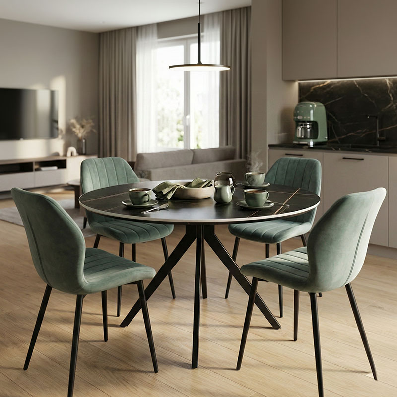 Τραπεζαρία Με Καρέκλες Jelour Φυστικί Και Τραπέζι Orbital Μαύρο Φ120X76 Σετ 5Τεμ