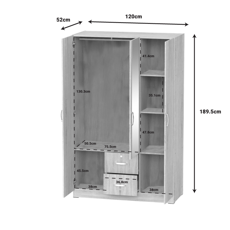 Ντουλάπα Ρούχων Τρίφυλλη Dillion Pakoworld Sonoma Μελαμίνης 120X52X190Εκ Ντουλάπα Ρούχων Τρίφυλλη Dillion Pakoworld Sonoma Μελαμίνης 120X52X190Εκ