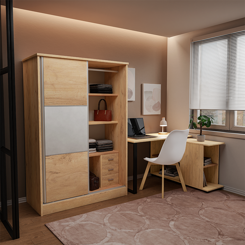 Ντουλάπα Ρούχων Chase Pakoworld Δίφυλλη Με Συρόμενες Πόρτες Χρώμα Oak 152.5X56.5X185Εκ