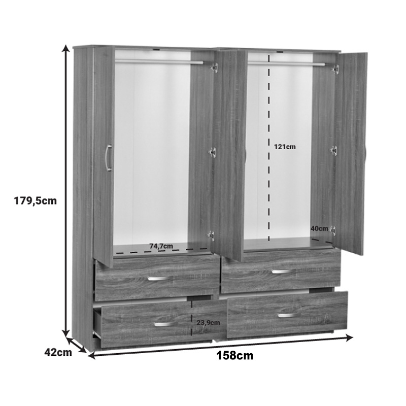 Ντουλάπα Ρούχων Τετράφυλλη Zelia C Pakoworld Με 4 Συρτάρια Χρώμα Wenge 158X42X180Εκ