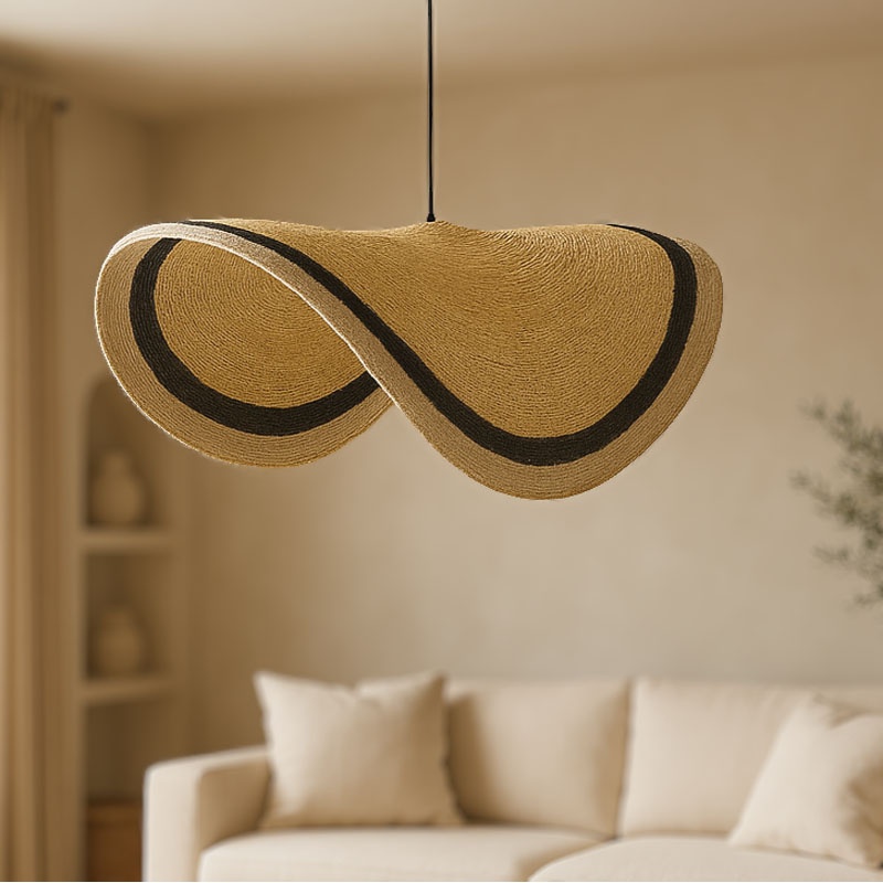 Φωτιστικό Οροφής Hatchie Inart Φυσικό-Μαύρο-Λευκό Ψάθα-Μέταλλο Φ70X123Εκ