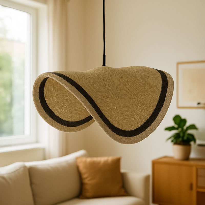 Φωτιστικό Οροφής Hatchie Inart Φυσικό-Μαύρο-Λευκό Ψάθα-Μέταλλο Φ100X133Εκ