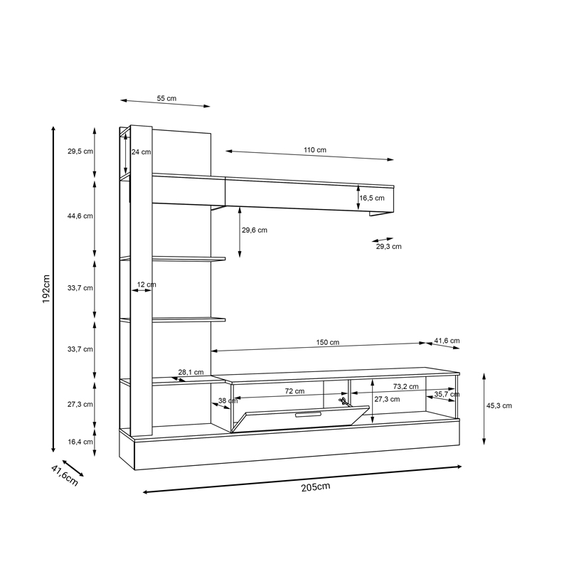 Σύνθετο Σαλονιού Dranko Pakoworld Μαύρο-Oak Μελαμίνης 205X41.5X192Εκ