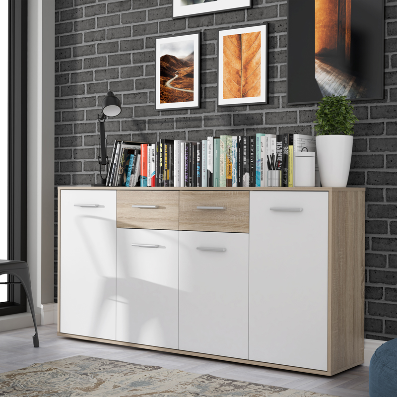 Μπουφές Drepen Pakoworld Μελαμίνη Σε Λευκό Και Sonoma Χρώμα 162.3X34.2X81.7Εκ Μπουφές Drepen Pakoworld Μελαμίνη Σε Λευκό Και Sonoma Χρώμα 162.3X34.2X81.7Εκ