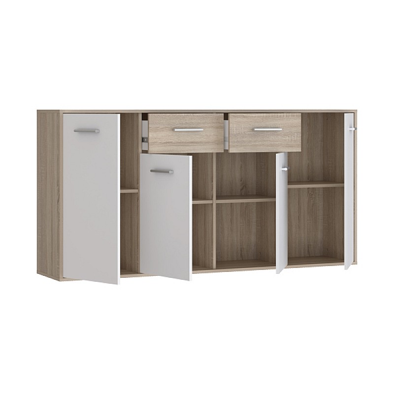 Μπουφές Drepen Pakoworld Μελαμίνη Σε Λευκό Και Sonoma Χρώμα 162.3X34.2X81.7Εκ Μπουφές Drepen Pakoworld Μελαμίνη Σε Λευκό Και Sonoma Χρώμα 162.3X34.2X81.7Εκ