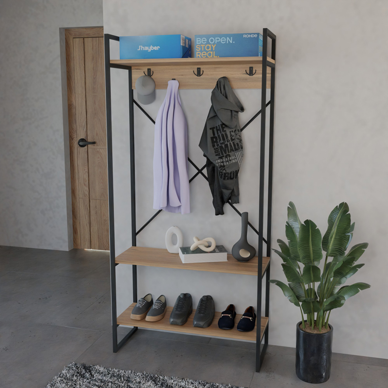 Έπιπλο Εισόδου Levento Pakoworld Oak Με Μαύρο Μεταλλικό Σκελετό 88X34X180Εκ