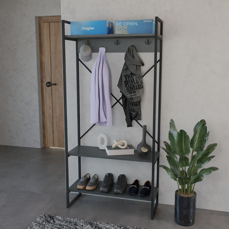 Έπιπλο Εισόδου Levento Pakoworld Ανθρακί Με Μαύρο Μεταλλικό Σκελετό 88X34X180Εκ