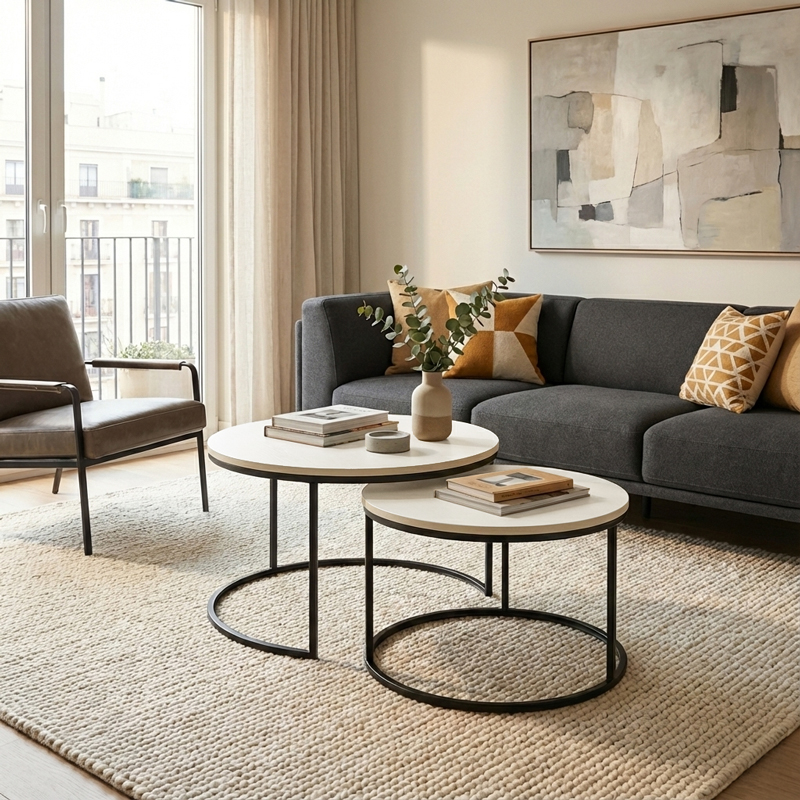 Τραπέζι Σαλονιού Solme Pakoworld Σετ 2Τεμ Κρεμ-Πόδι Μαύρο Μέταλλο