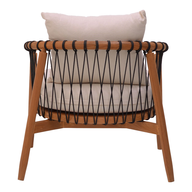 Πολυθρόνα Haribo Pakoworld Φυσικό Teak Ξύλο-Μαύρο Σχοινί-Λευκο Μαξιλάρι 80X76X72Εκ