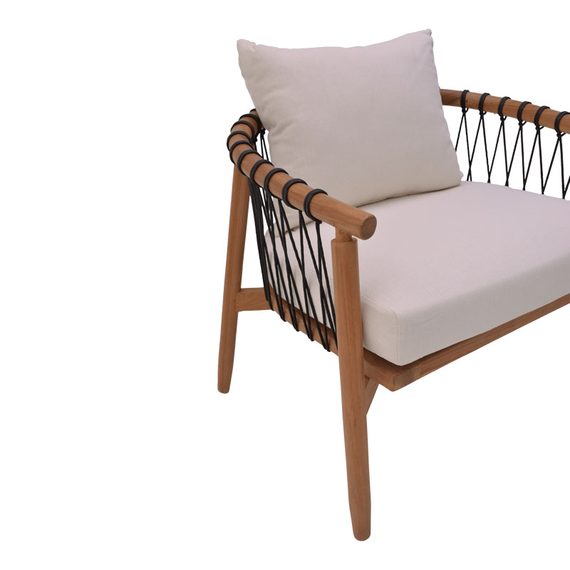 Πολυθρόνα Haribo Pakoworld Φυσικό Teak Ξύλο-Μαύρο Σχοινί-Λευκο Μαξιλάρι 80X76X72Εκ