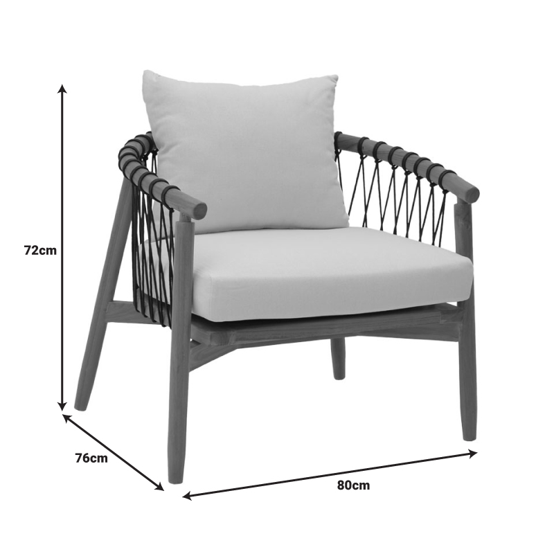 Πολυθρόνα Haribo Pakoworld Φυσικό Teak Ξύλο-Μαύρο Σχοινί-Λευκο Μαξιλάρι 80X76X72Εκ