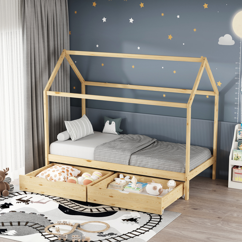Παιδικό Κρεβάτι Mellin Τ.montessori Με 2 Συρτάρια Pakoworld Ξύλο Πεύκου Σε Φυσική Απόχρωση 90X190Εκ