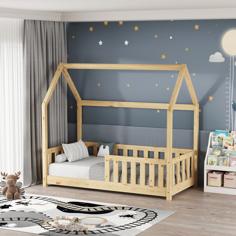 Παιδικό Κρεβάτι Bambie Με Κιγκλίδωμα Τ.montessori Pakoworld Ξύλο Πεύκου Σε Φυσική Απόχρωση 70X140Εκ