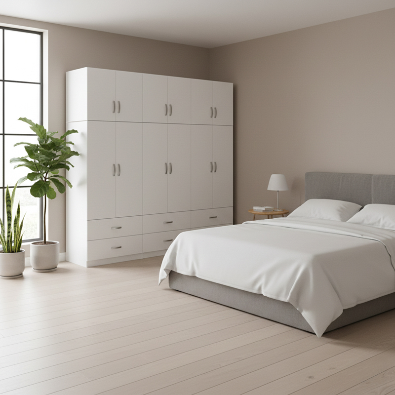 Ντουλάπα Εξάφυλλη Με Συρτάρια Και Πατάρι Athos Pakoworld Λευκή 240X42X240Εκ