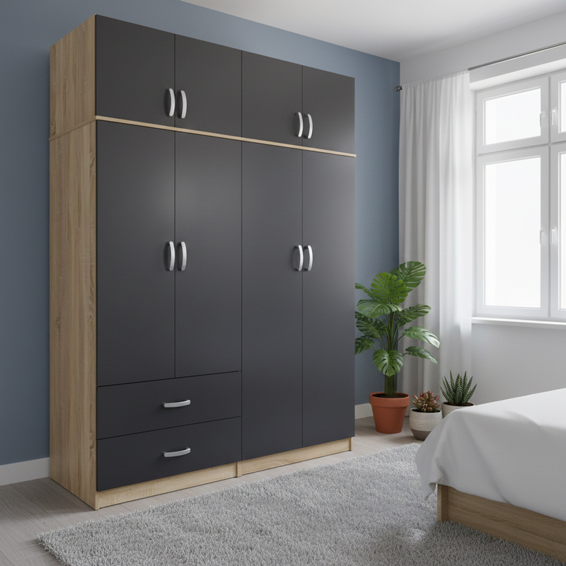 Ντουλάπα Τετράφυλλη Με Πατάρι Athos Pakoworld Sonoma-Ανθρακί 160X42X240Εκ