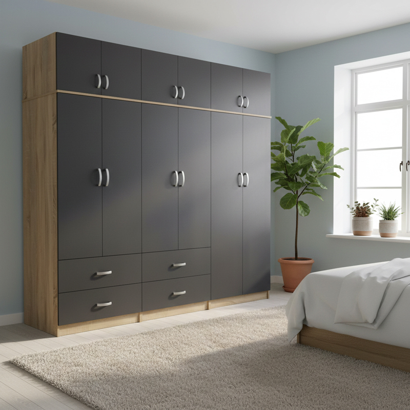 Ντουλάπα Εξάφυλλη Με Πατάρι Athos Pakoworld Sonoma-Ανθρακί 240X42X240Εκ