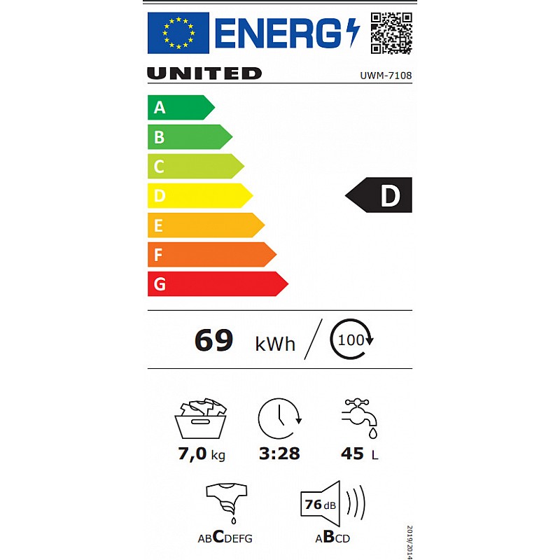 Πλυντήριο Ρούχων 7kg 1000 στροφές UNITED UWM-7108