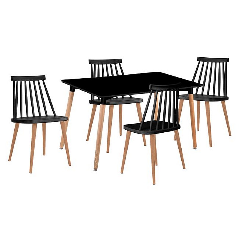 LAVIDA Set Τραπεζαρία: Τραπέζι 120x80 Οξιά/MDF + 4 Καρέκλες Μέταλλο Βαφή Φυσικό PP Μαύρο