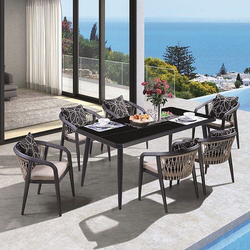 JARDIN Τραπεζαρία ALU Ανθρακί, HPL Μαύρο,Rope Μπεζ: Τραπέζι + 6 Πολυθρόνες με Μαξιλάρια JARDIN Τραπεζαρία ALU Ανθρακί, HPL Μαύρο,Rope Μπεζ: Τραπέζι + 6 Πολυθρόνες με Μαξιλάρια