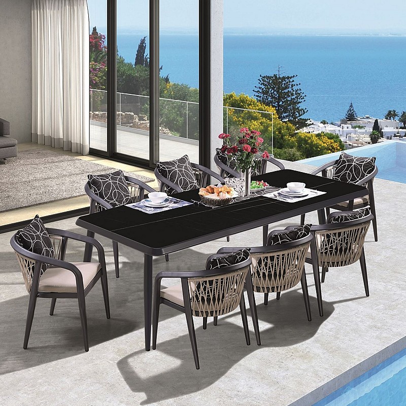 JARDIN Τραπεζαρία ALU Ανθρακί, HPL Μαύρο,Rope Μπεζ: Τραπέζι + 6 Πολυθρόνες με Μαξιλάρια JARDIN Τραπεζαρία ALU Ανθρακί, HPL Μαύρο,Rope Μπεζ: Τραπέζι + 6 Πολυθρόνες με Μαξιλάρια