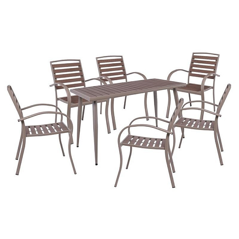 SERRANO Set Κήπου: Τραπέζι + 6 Πολυθρόνες, Μέταλλο Βαφή Sand Beige, Polywood Καρυδί SERRANO Set Κήπου: Τραπέζι + 6 Πολυθρόνες, Μέταλλο Βαφή Sand Beige, Polywood Καρυδί