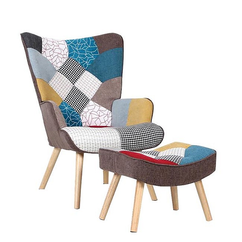 ALMA Πολυθρόνα - Μπερζέρα με Σκαμπό - Υποπόδιο Φυσικό Ύφασμα Patchwork ALMA Πολυθρόνα - Μπερζέρα με Σκαμπό - Υποπόδιο Φυσικό Ύφασμα Patchwork