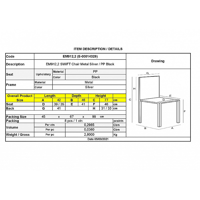 SWIFT Καρέκλα Στοιβαζόμενη Mέταλλο Βαφή Silver / PP Μαύρο