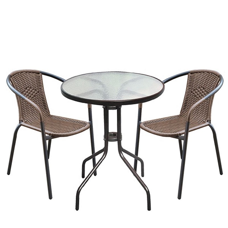 BALENO Set Κήπου - Βεράντας : Τραπέζι + 2 Πολυθρόνες Μέταλλο Καφέ / Wicker Brown