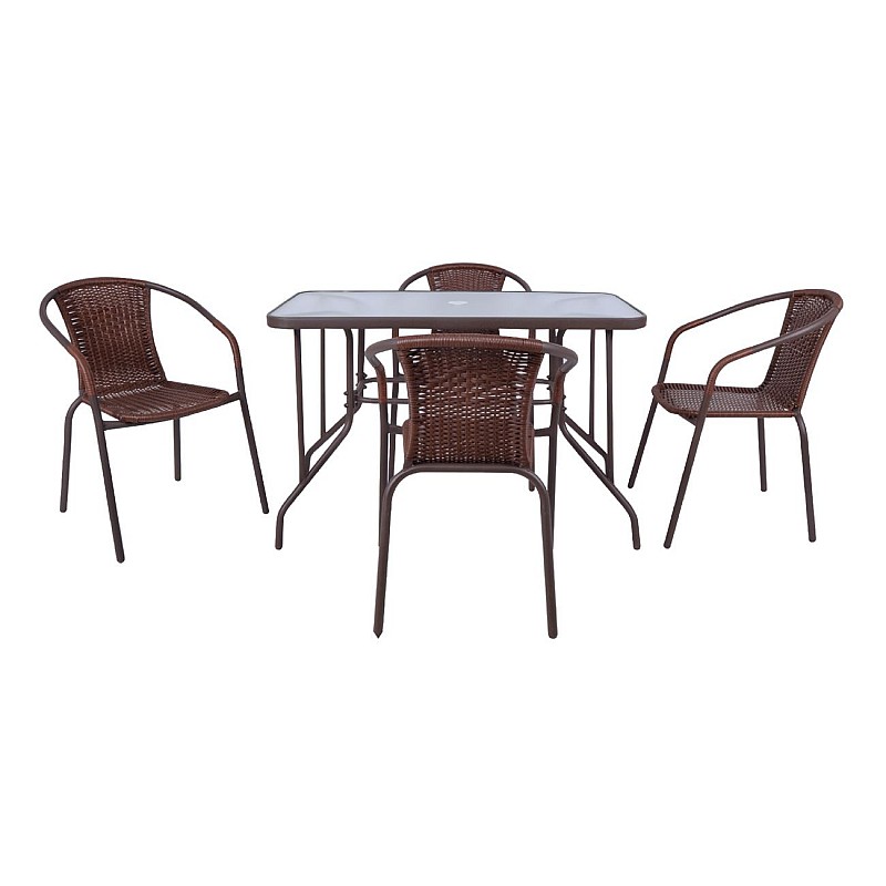 BALENO Set Τραπεζαρία Κήπου : Τραπέζι + 4 Πολυθρόνες Μέταλλο Καφέ / Wicker Brown