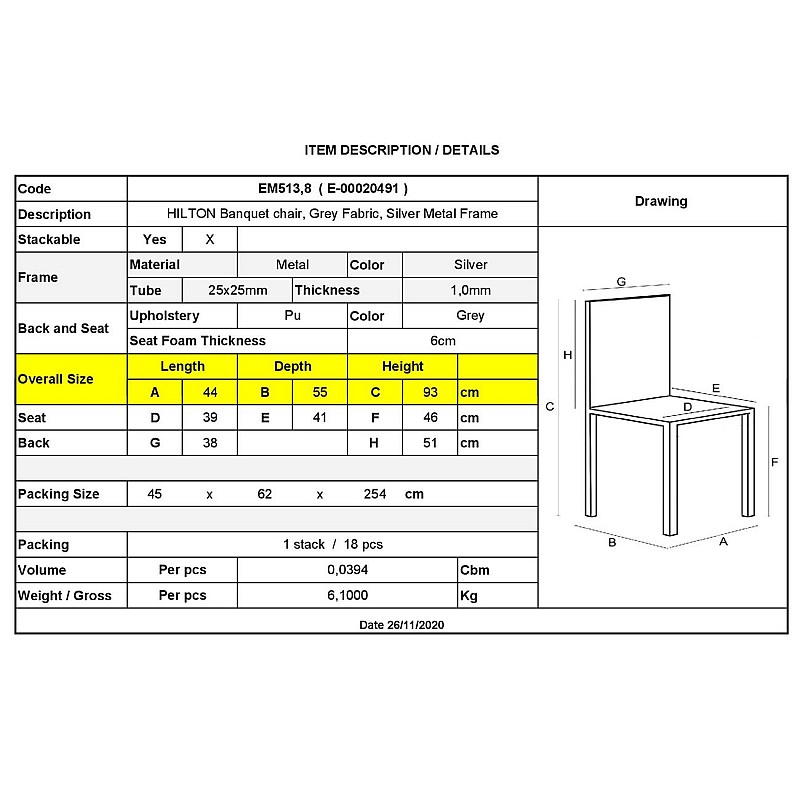 HILTON Καρέκλα Μεταλλική Silver/Ύφασμα Γκρι