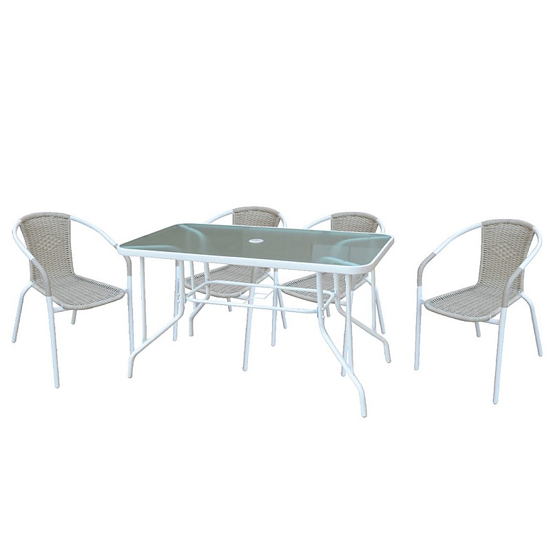 BALENO Set Τραπεζαρία Κήπου : Τραπέζι + 4 Πολυθρόνες Μέταλλο Άσπρο / Wicker Beige