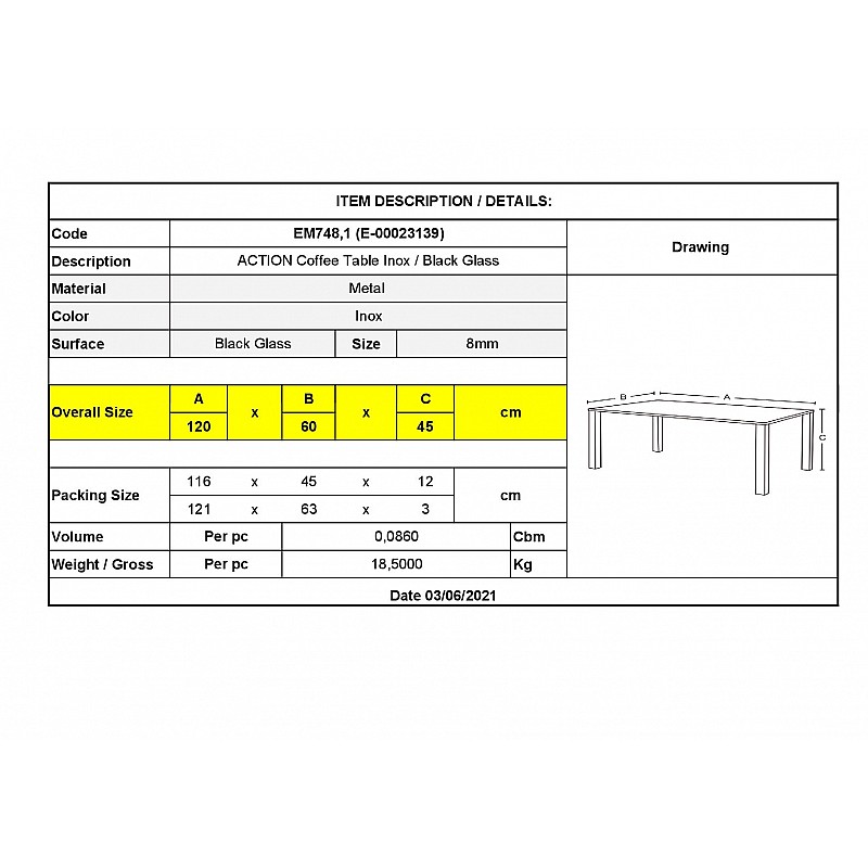 ACTION Tραπεζάκι Σαλονιού - Καθιστικού 120x60cm Inox - Μαυρό Γυαλί 8mm