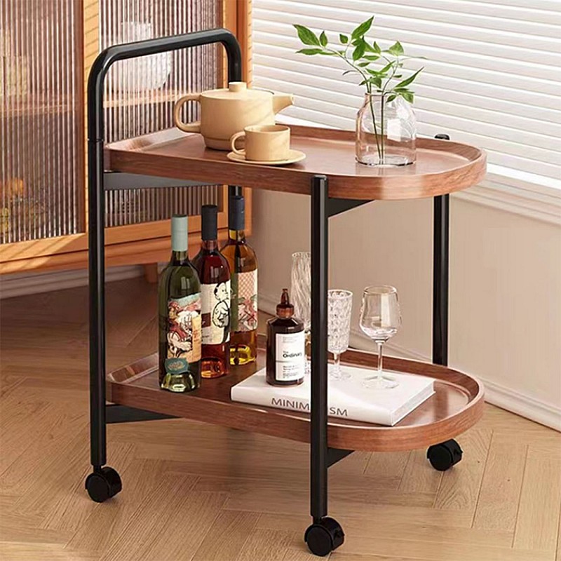 TROLLEY - Βοηθητικό Τραπεζάκι Μέταλλο Βαφή Μαύρο, MDF with PVC Απόχρωση Καρυδί
