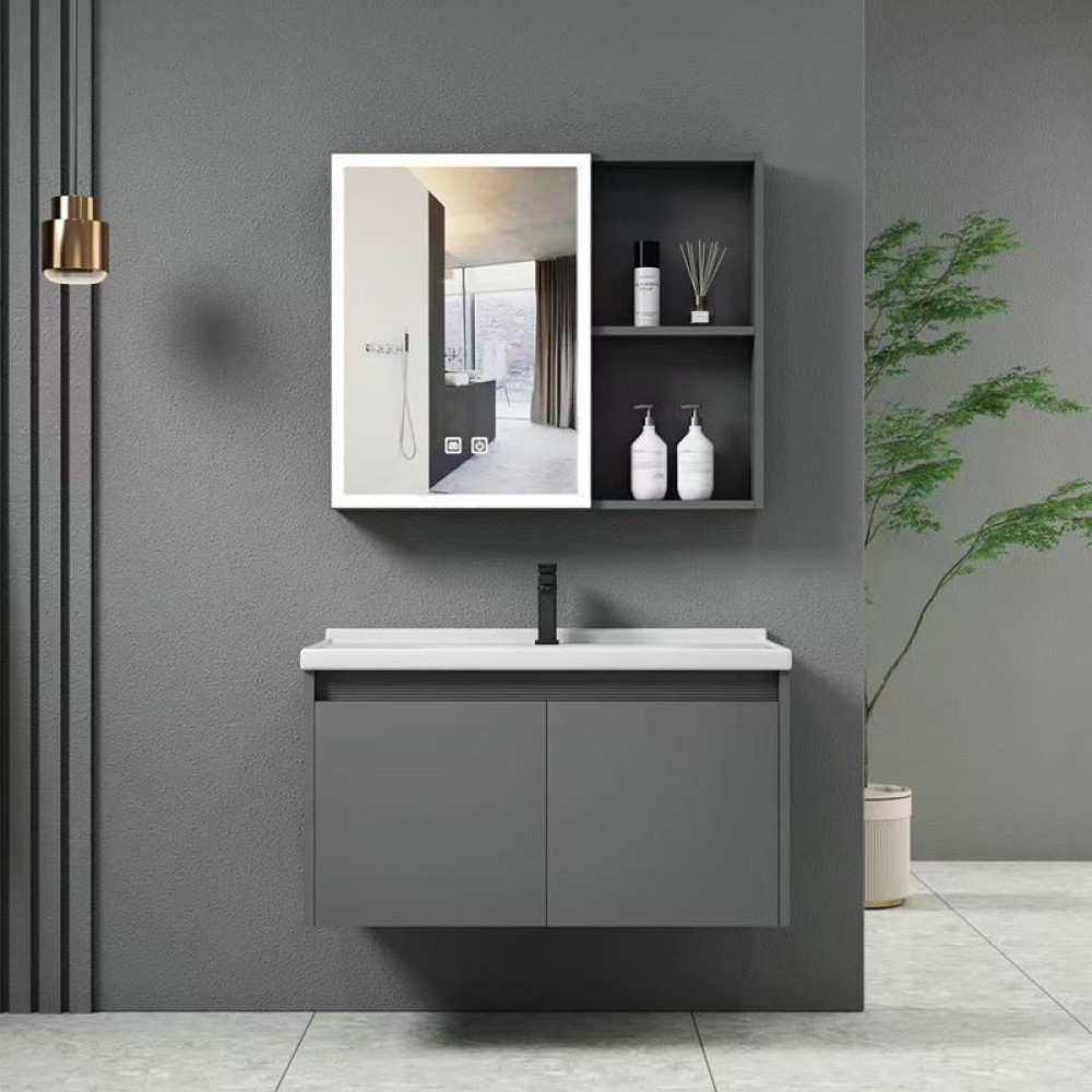 IDEA-1 Set Έπιπλο Κρεμαστό Μπάνιου Γκρι, Καθρέπτης LED + Πάγκος με Νιπτήρα και Μπαταρία