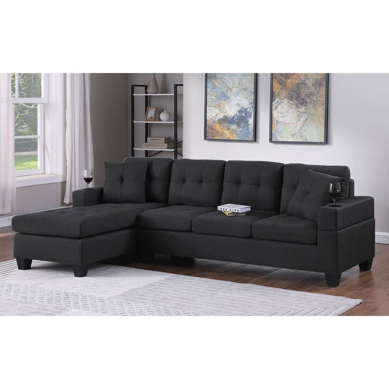 JORDAN Καναπές Σαλονιού Γωνία Αναστρέψιμος, Ύφασμα Μαύρο, Μπράτσα με ποτηροθήκες