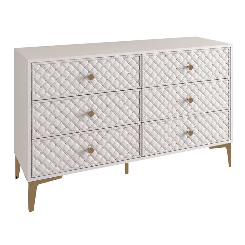 LANA Συρταριέρα με 6 Συρτάρια, Απόχρωση Εκρού, με πρόσοψη Pu Καπιτονέ