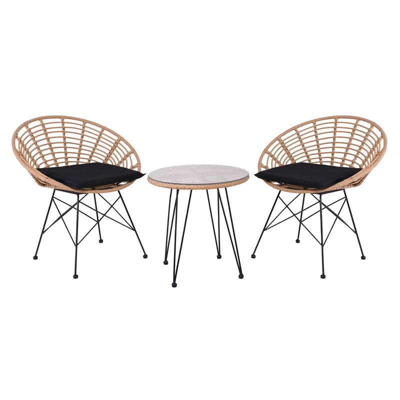 SALSA Coral Set Κήπου Μέταλλο Μαύρο - Γυαλί - Wicker Φυσικό: Τραπέζι+2 Πολυθρόνες