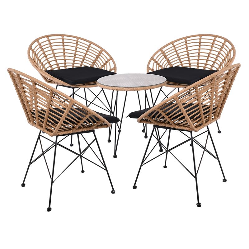 SALSA Coral Coffee Set Κήπου Μέταλλο Μαύρο - Γυαλί - Wicker Φυσικό: Τραπεζάκι+4 Πολυθρόνες