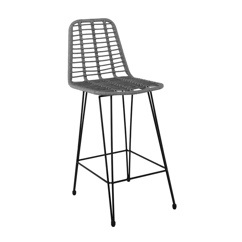 SALSA Σκαμπό BAR-Pro με Πλάτη, Μέταλλο Βαφή Μαύρο - Wicker Γκρι, με Μαξιλάρι Μαύρο